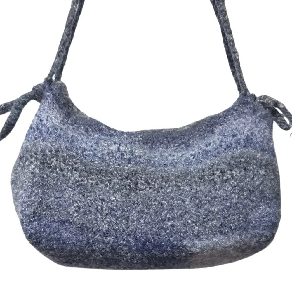 New Hand Woven Knit Shoulder Bag Variegated Blue Felted Wool Fold Over Button